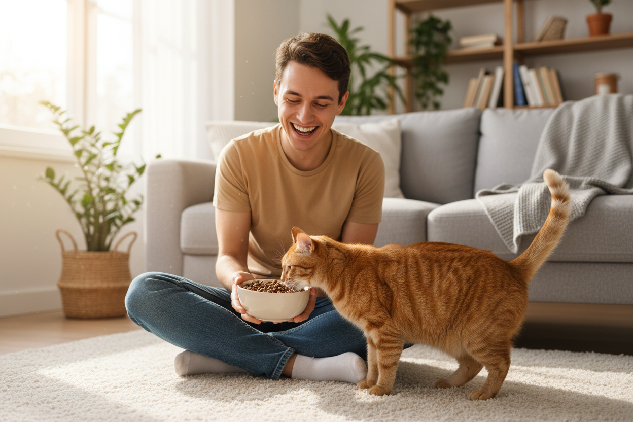 give me a image with a cat and a customer using one of my products 